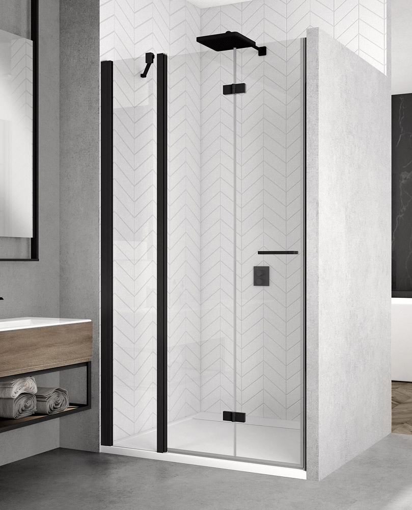 SanSwiss Solino SOLF13 Drzwi dwuczęściowe składane L 140x200 cm czarne, Szkło Czyste (SOLF13G1400607)